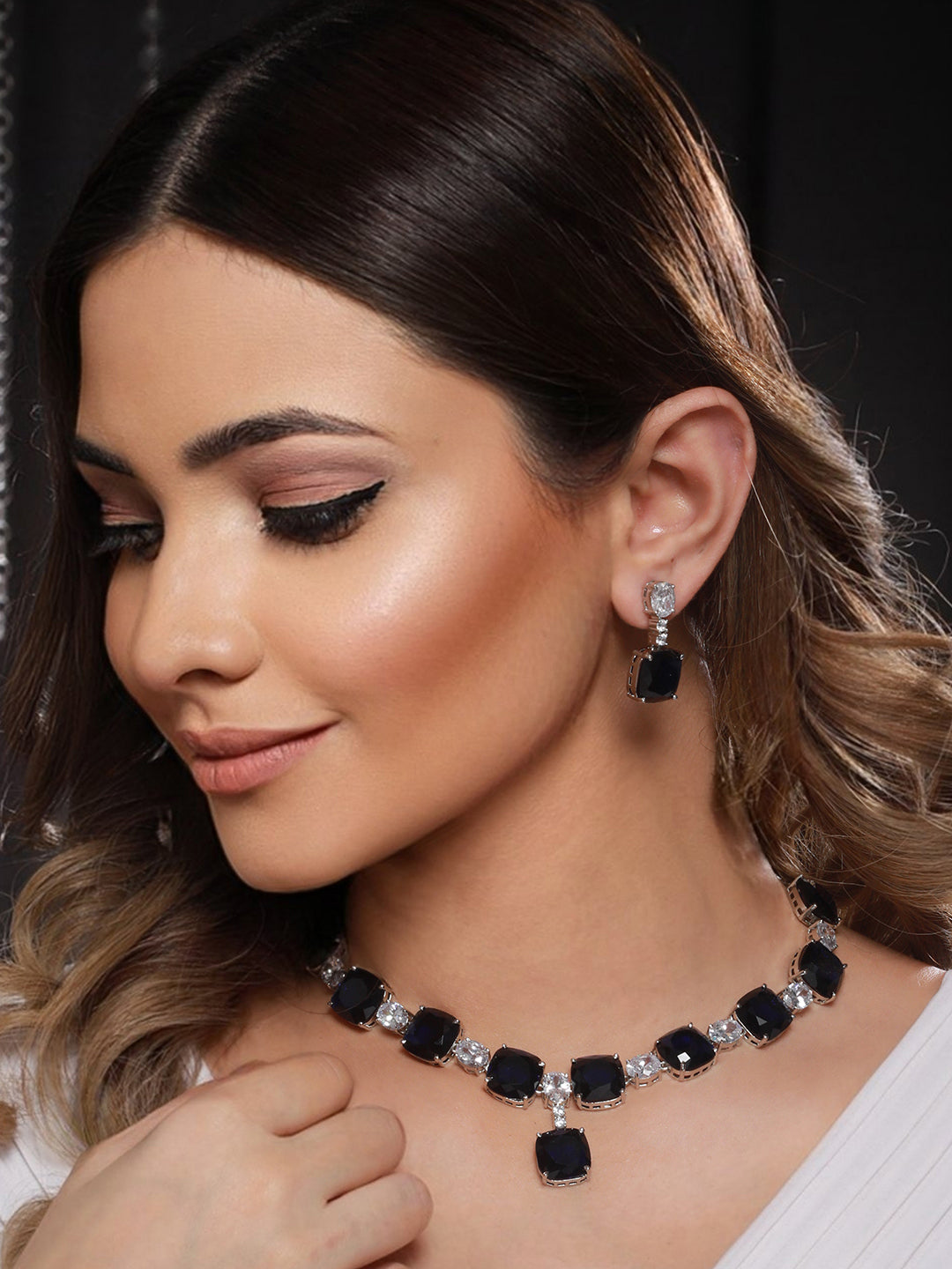 White Rhodium Blue CZ Studded Luxe Statement Jewellery Set